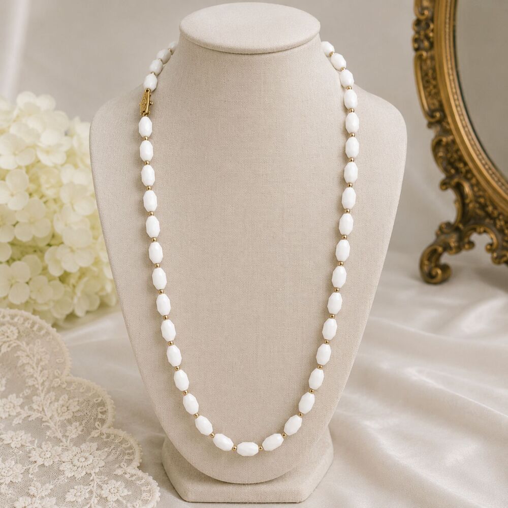 Vintage MCM 54" Faceted White Plastic Bead Necklace Signed Hong Kong